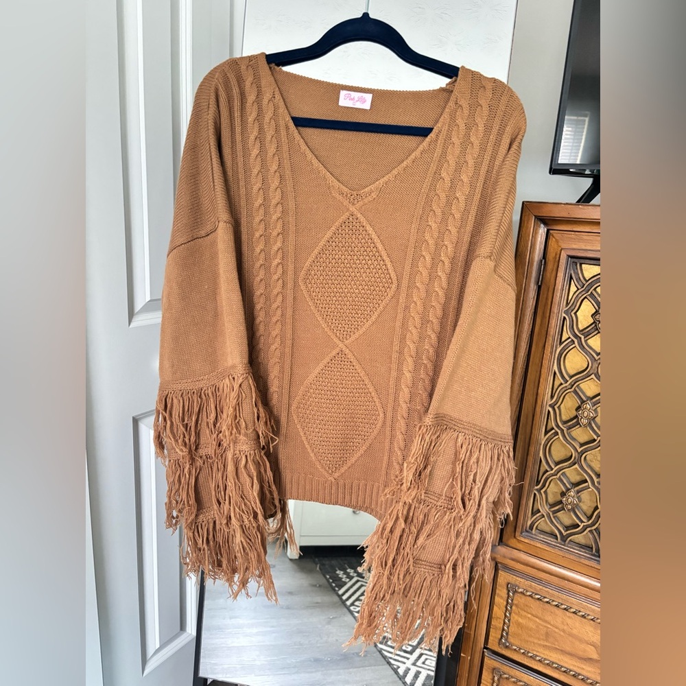 Pink Lily V-Neck Sweater with Fringe Sleeves